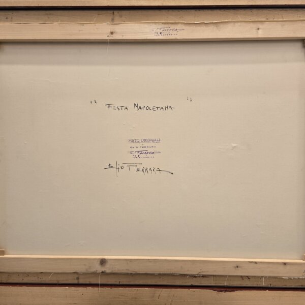 Retro in legno e tela del quadro con la firma originale di Elio Ferrara, il titolo dell'opera scritto a mano e il timbro di dipinto originale.