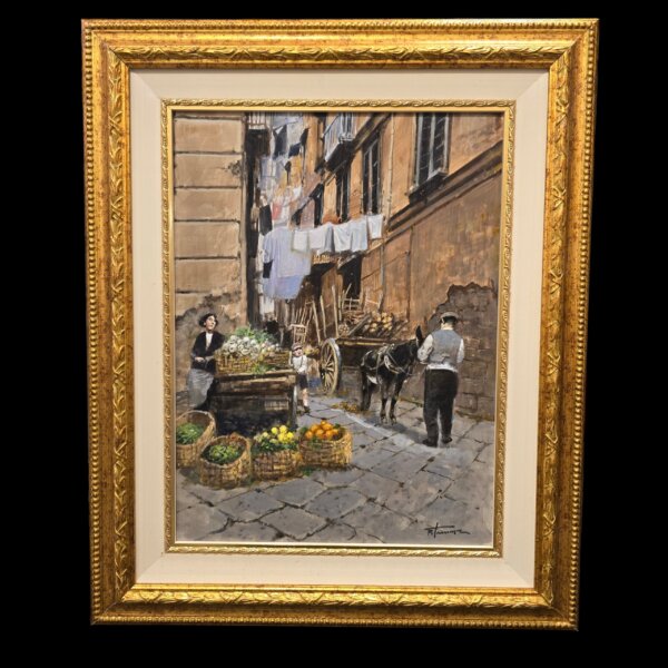 Visione completa e frontale del dipinto a olio Napoli Com'era di Francesco Tammaro, con elegante cornice dorata e scena di vita in un vicolo storico.
