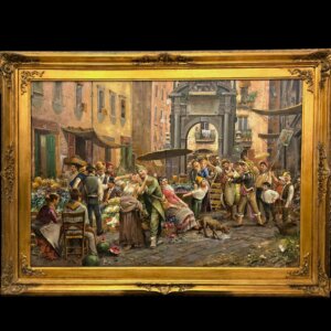 Incantevole dipinto a olio su tela di Elio Ferrara, intitolato "Il pazariello al pendino". Un'opera artigianale ricca di dettagli che celebra la storicità e il folklore napoletano, raffigurando il celebre pazzariello nel cuore di un vivace mercato rionale. Completo di un'elegante cornice dorata riccamente decorata, è perfetto per donare prestigio, calore e un tocco di classicità a qualsiasi ambiente.