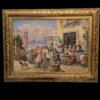 Visione frontale completa del dipinto a olio di Elio Ferrara comprensivo di cornice dorata intarsiata, raffigurante una scena di strada napoletana.