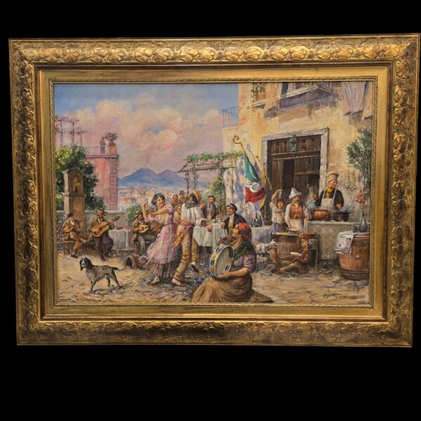 Visione frontale completa del dipinto a olio di Elio Ferrara comprensivo di cornice dorata intarsiata, raffigurante una scena di strada napoletana.