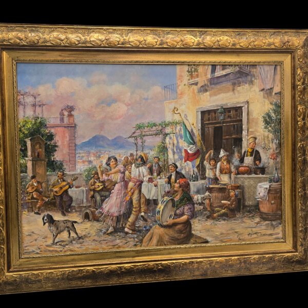 Ulteriore vista prospettica del quadro che illustra il contrasto tra i dettagli degli edifici, i personaggi in festa e il cielo sfumato.