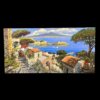 Splendido quadro paesaggistico firmato Ferdinando Sapio, realizzato a olio su tela (misura 60x120 cm). L'opera rappresenta uno scorcio panoramico della costa napoletana con tipiche case in pietra, una scalinata antica, barche a vela nel mare blu del golfo, Castel dell'Ovo e lo sfondo iconico del Vesuvio sotto un cielo parzialmente nuvoloso.