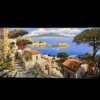 Splendido quadro paesaggistico firmato Ferdinando Sapio, realizzato a olio su tela (misura 60x120 cm). L'opera rappresenta uno scorcio panoramico della costa napoletana con tipiche case in pietra, una scalinata antica, barche a vela nel mare blu del golfo, Castel dell'Ovo e lo sfondo iconico del Vesuvio sotto un cielo parzialmente nuvoloso.