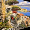 Primo piano ravvicinato della parte sinistra del dipinto di Ferdinando Sapio. Il dettaglio evidenzia la maestria tecnica dell'uso del colore a olio e della spatola nella texture materica delle pareti in pietra, della scalinata acciottolata, degli alberi di pino marittimo e dei fiori vivaci in primo piano.