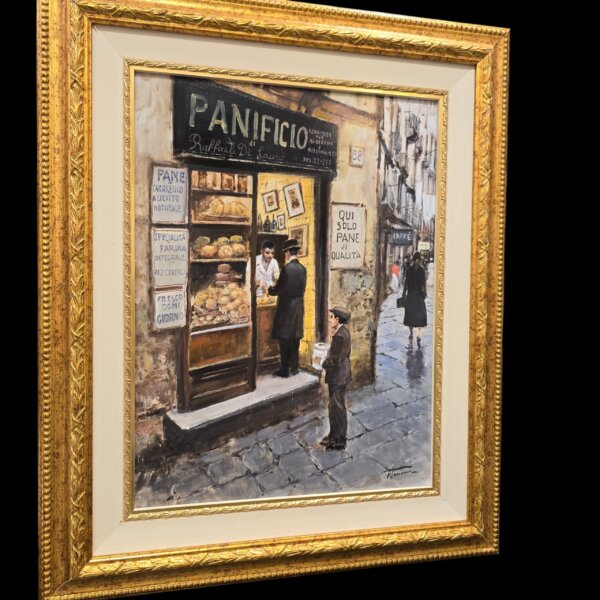 dipinto-napoli-scomparsa-tammaro-prospettiva-destra Dettaglio angolato da destra del quadro Napoli Scomparsa di Francesco Tammaro, evidenziando la luminosità della scena e i dettagli dei personaggi.