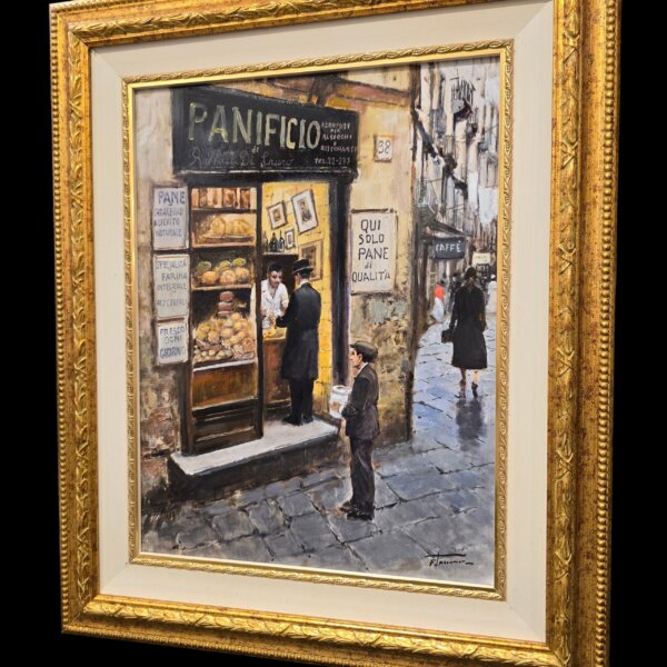 dipinto-napoli-scomparsa-tammaro-prospettiva-sinistra Inquadratura prospettica da sinistra del dipinto Napoli Scomparsa del maestro Tammaro, che mostra i dettagli della cornice e la texture della pittura.