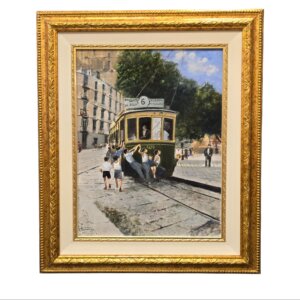 Visione frontale e completa del dipinto a olio Viaggiatori abusivi di Francesco Tammaro, raffigurante un antico tram napoletano affollato, completo di elegante cornice dorata.