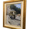 dipinto-viaggiatori-abusivi-tammaro-prospettiva-sinistra Inquadratura prospettica da sinistra del quadro Viaggiatori abusivi del maestro Tammaro, che mostra i dettagli tridimensionali della scena del tram e lo spessore della cornice.