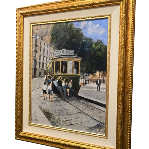 dipinto-viaggiatori-abusivi-tammaro-prospettiva-sinistra Inquadratura prospettica da sinistra del quadro Viaggiatori abusivi del maestro Tammaro, che mostra i dettagli tridimensionali della scena del tram e lo spessore della cornice.