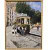 dipinto-viaggiatori-abusivi-francesco-tammaro-fronte Visione frontale del dipinto a olio Viaggiatori abusivi di Francesco Tammaro, raffigurante un antico tram napoletano affollato.