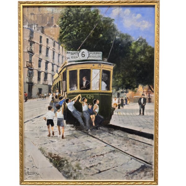 dipinto-viaggiatori-abusivi-francesco-tammaro-fronte Visione frontale del dipinto a olio Viaggiatori abusivi di Francesco Tammaro, raffigurante un antico tram napoletano affollato.