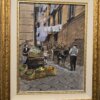 Dettaglio dei colori e della tecnica pittorica del quadro Napoli Com'era di Francesco Tammaro, con ceste di agrumi, venditori e un asinello nel vicolo.