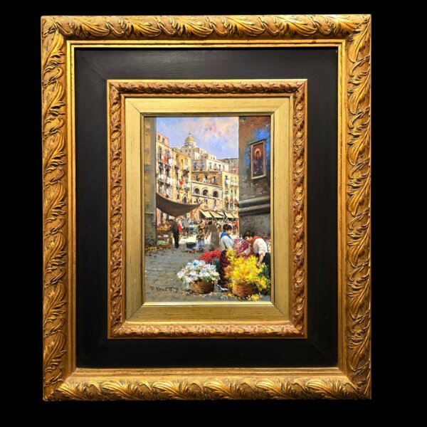 quadro-completo-cornice-coeva-francesco-vassetti Vista frontale completa del quadro di Francesco Vassetti "Fioraie al Mercato" con la sua maestosa cornice coeva dorata e nera da 50x60 cm.