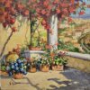 dettaglio-fiori-firma-vincenzo-somma-napoli Dettaglio ravvicinato della parte in basso a sinistra del quadro Napoli, con particolare focus sui vasi di fiori colorati, l'ombra sul pavimento e la firma dell'artista Vincenzo Somma.