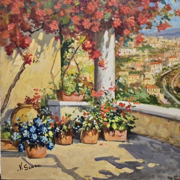 dettaglio-fiori-firma-vincenzo-somma-napoli Dettaglio ravvicinato della parte in basso a sinistra del quadro Napoli, con particolare focus sui vasi di fiori colorati, l'ombra sul pavimento e la firma dell'artista Vincenzo Somma.