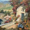 Dettaglio ravvicinato della parte destra del quadro che mostra uno scorcio di casa bianca con porta azzurra e ricchi vasi di ortensie blu.