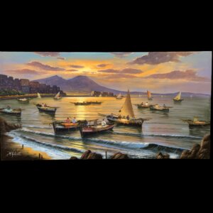 Visione frontale completa del dipinto Pescatori nel golfo di Mario Galanti, olio su tela panoramico 60x120 cm raffigurante un tramonto sul golfo di Napoli.