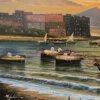 Dettaglio ravvicinato della parte sinistra dell'opera che mostra le imbarcazioni dei pescatori, la costa illuminata di Napoli e la firma dell'artista in basso.