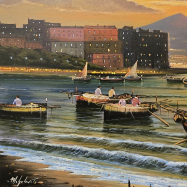 Dettaglio ravvicinato della parte sinistra dell'opera che mostra le imbarcazioni dei pescatori, la costa illuminata di Napoli e la firma dell'artista in basso.
