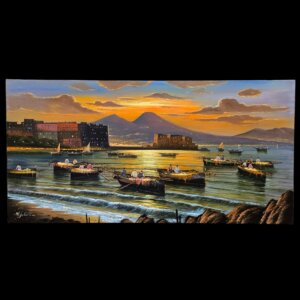 quadro-completo-pescatori-tramonto-mario-galanti Vista frontale completa e nitida del dipinto a olio su tela Pescatori al tramonto di Mario Galanti, formato panoramico 60x120 cm raffigurante il Golfo di Napoli.