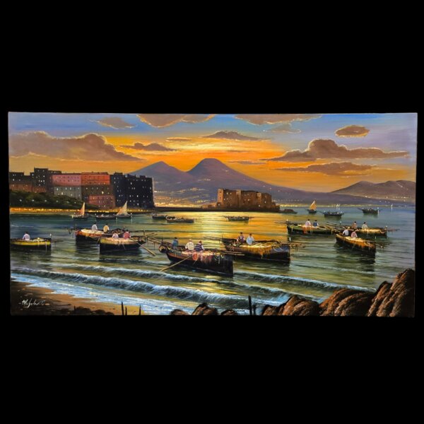 Vista frontale completa e nitida del dipinto a olio su tela Pescatori al tramonto di Mario Galanti, formato panoramico 60x120 cm raffigurante il Golfo di Napoli.