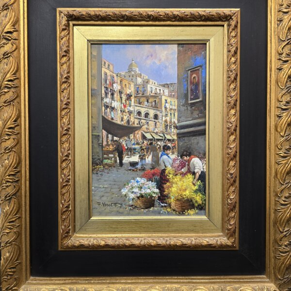 dettaglio-opera-olio-su-tela-fioraie-al-mercato-napoli Primo piano del dipinto a olio Fioraie al Mercato di Francesco Vassetti focalizzato sulla scena delle fioraie, il mercato di Napoli e la firma in basso a sinistra.