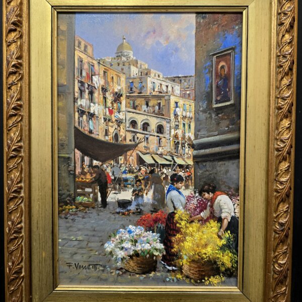 dettaglio-opera-olio-su-tela-fioraie-al-mercato-napoli Primo piano del dipinto a olio Fioraie al Mercato di Francesco Vassetti focalizzato sulla scena delle fioraie, il mercato di Napoli e la firma in basso a sinistra.