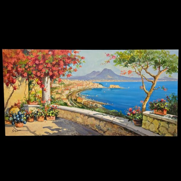 quadro-completo-napoli-vincenzo-somma-60x120 Inquadratura frontale chiara e completa del dipinto paesaggistico Napoli del Maestro Vincenzo Somma, olio su tela panoramico di 60x120 cm con vista mare.