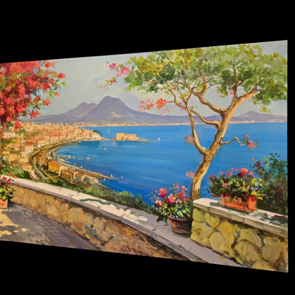 prospettiva-sinistra-dipinto-golfo-napoli Visione prospettica da sinistra dell'opera a olio su tela Napoli, che mette in risalto la profonda prospettiva del paesaggio marino costiero e la cascata di bouganville in fiore.