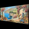 Inquadratura angolata del dipinto a olio Sorrento che mostra la grande estensione orizzontale e la ricchezza cromatica del paesaggio costiero.