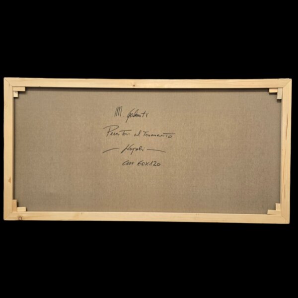 Retro originale della tela del dipinto con le firme autografe a penna di Mario Galanti, il titolo Pescatori al tramonto, la dicitura Napoli e le misure 60x120 cm.