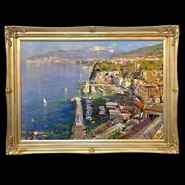 quadro-completo-sorrento-marina-grande-vincenzo-aprile-cornice-argento Visione frontale completa del dipinto a olio su tavola Sorrento Marina Grande di Vincenzo Aprile con imponente cornice artigianale in foglia argento.