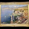 veduta-frontale-dipinto-olio-su-tavola-vincenzo-aprile Inquadratura frontale ravvicinata della tavola pittorica che mostra i dettagli materici del borgo di Sorrento e delle barche nel porto.
