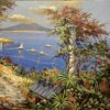 dettaglio-destro-bouganville-fiori-barche-vela-vesuvio Dettaglio della metà destra della tela con focus sulla rigogliosa vegetazione mediterranea, i fiori rossi, la colonna bianca e le barche a vela nel golfo partenopeo.