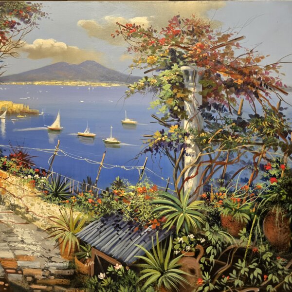 dettaglio-destro-bouganville-fiori-barche-vela-vesuvio Dettaglio della metà destra della tela con focus sulla rigogliosa vegetazione mediterranea, i fiori rossi, la colonna bianca e le barche a vela nel golfo partenopeo.