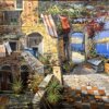 dettaglio-sinistro-architettura-panni-stesi-dipinto-sapio Dettaglio ravvicinato della porzione sinistra dell'opera che mostra la facciata rustica in pietra, le scale, le porte in legno e i caratteristici panni stesi.
