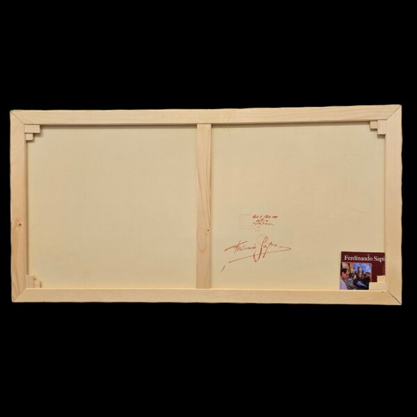 retro-telaio-firma-autentica-ferdinando-sapio Retro della tela pittorica con in evidenza il robusto telaio in legno, la firma autografa di Ferdinando Sapio, il titolo Napoli e le misure 60x120 cm scritte a mano.