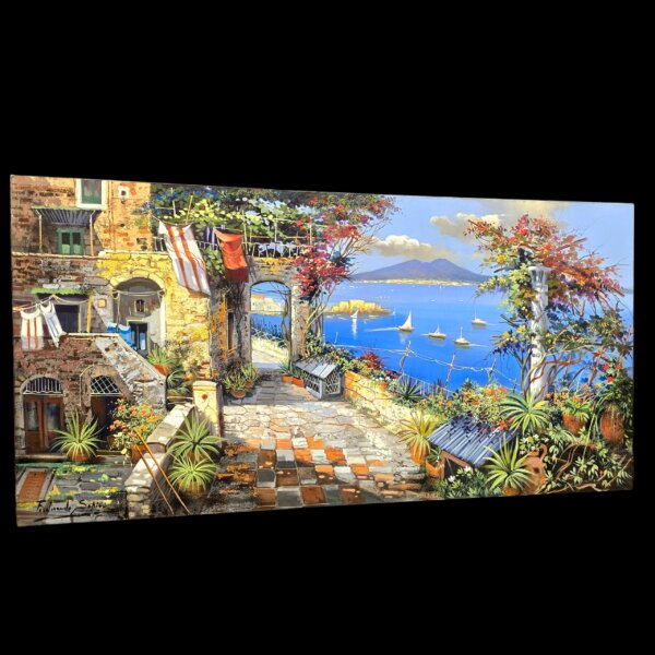 prospettiva-angolata-dipinto-panorama-napoli-sapio Inquadratura leggermente angolata della tela pittorica che esalta la vivacità dei colori a olio e la vastità del paesaggio marittimo col Vesuvio sullo sfondo.