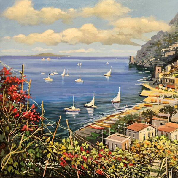 dettaglio-mare-barche-vela-costiera Dettaglio ravvicinato della porzione sinistra dell'opera che si concentra sul blu intenso del mare, le caratteristiche barche a vela e i fiori rossi in primo piano.