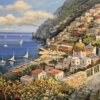 dettaglio-stradina-vegetazione-mediterranea Particolare della metà destra della tela con focus sulla lussureggiante vegetazione mediterranea, gli alberi in fiore e il sentiero che scende verso il paese.