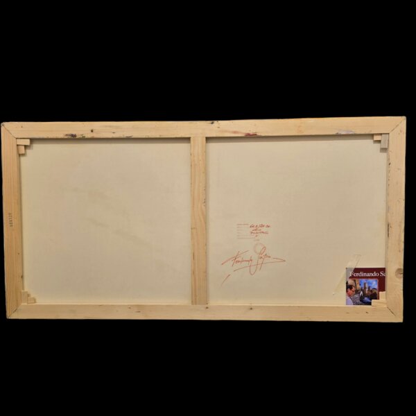retro-tela-autentica-ferdinando-sapio Retro della tela pittorica che mostra il solido telaio in legno, la firma autografa di autenticità di Ferdinando Sapio e le indicazioni della tecnica e delle misure scritte in inchiostro rosso.