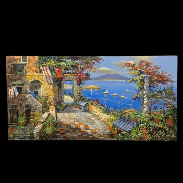 quadro-completo-napoli-ferdinando-sapio-olio-tela Visione frontale completa e panoramica del dipinto a olio su tela intitolato Napoli del maestro Ferdinando Sapio, formato 60x120 cm.