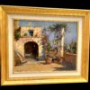 dipinto-napoletano-vincenzo-laricchia-dettaglio-opera.jpg Dettaglio in primo piano della pittura a olio su tavola di Vincenzo Laricchia con architettura tradizionale e vasi da fiori.