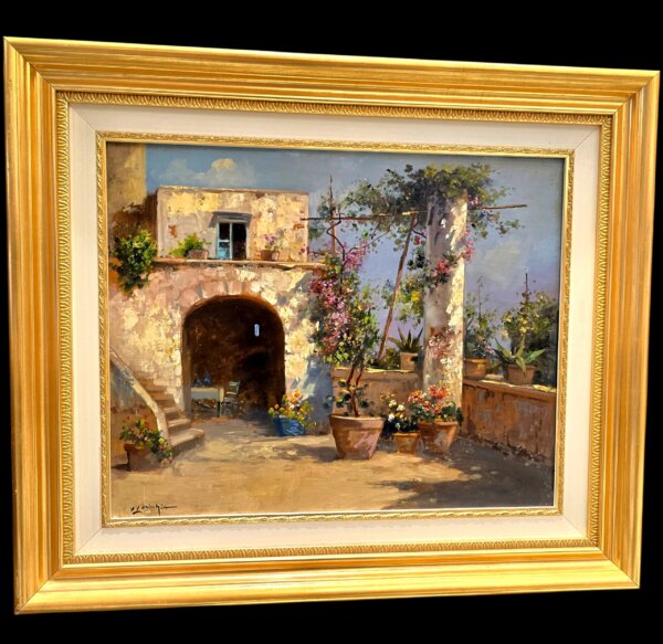 dipinto-napoletano-vincenzo-laricchia-dettaglio-opera.jpg Dettaglio in primo piano della pittura a olio su tavola di Vincenzo Laricchia con architettura tradizionale e vasi da fiori.