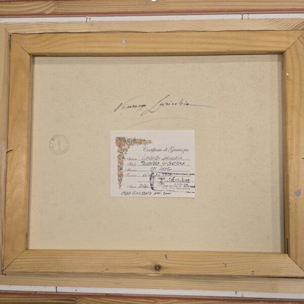 Retro del dipinto su tela con firma di Vincenzo Laricchia, timbro di autenticità e Certificato di Garanzia allegato