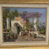 Dettaglio ravvicinato dell'opera Primavera in costiera con pergola di glicine e vasi fioriti su tela di Vincenzo Laricchia