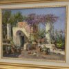 Inquadratura angolare del dipinto a olio su tela di Vincenzo Laricchia raffigurante un cortile fiorito mediterraneo.