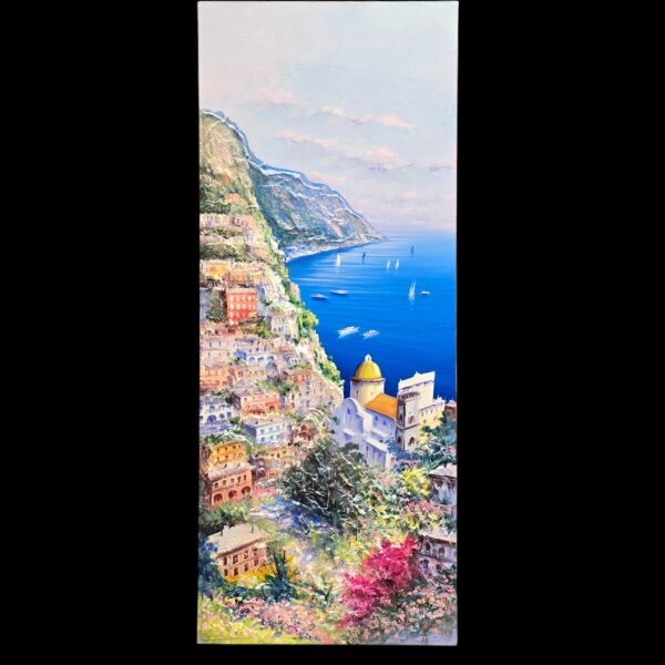 Vista frontale completa del dipinto napoletano Giuseppe Iannicella raffigurante la veduta panoramica di Positano ad olio su tela.