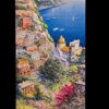 Dettaglio in primo piano del dipinto di Giuseppe Iannicella con la cupola di Positano e le bouganville fiorite.